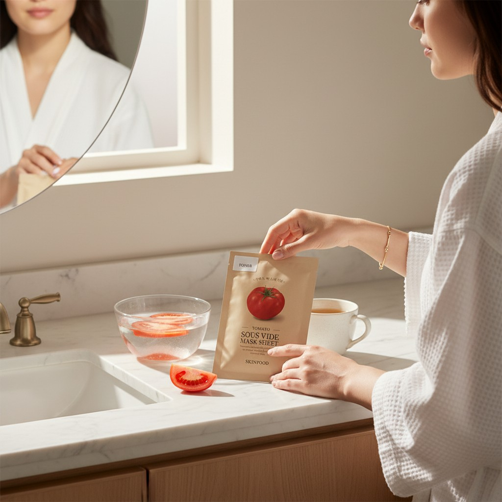 SKINFOOD Tomato Sheet Mask – mask applied on face showing instant hydration and glow – Timeless Era Bangladesh