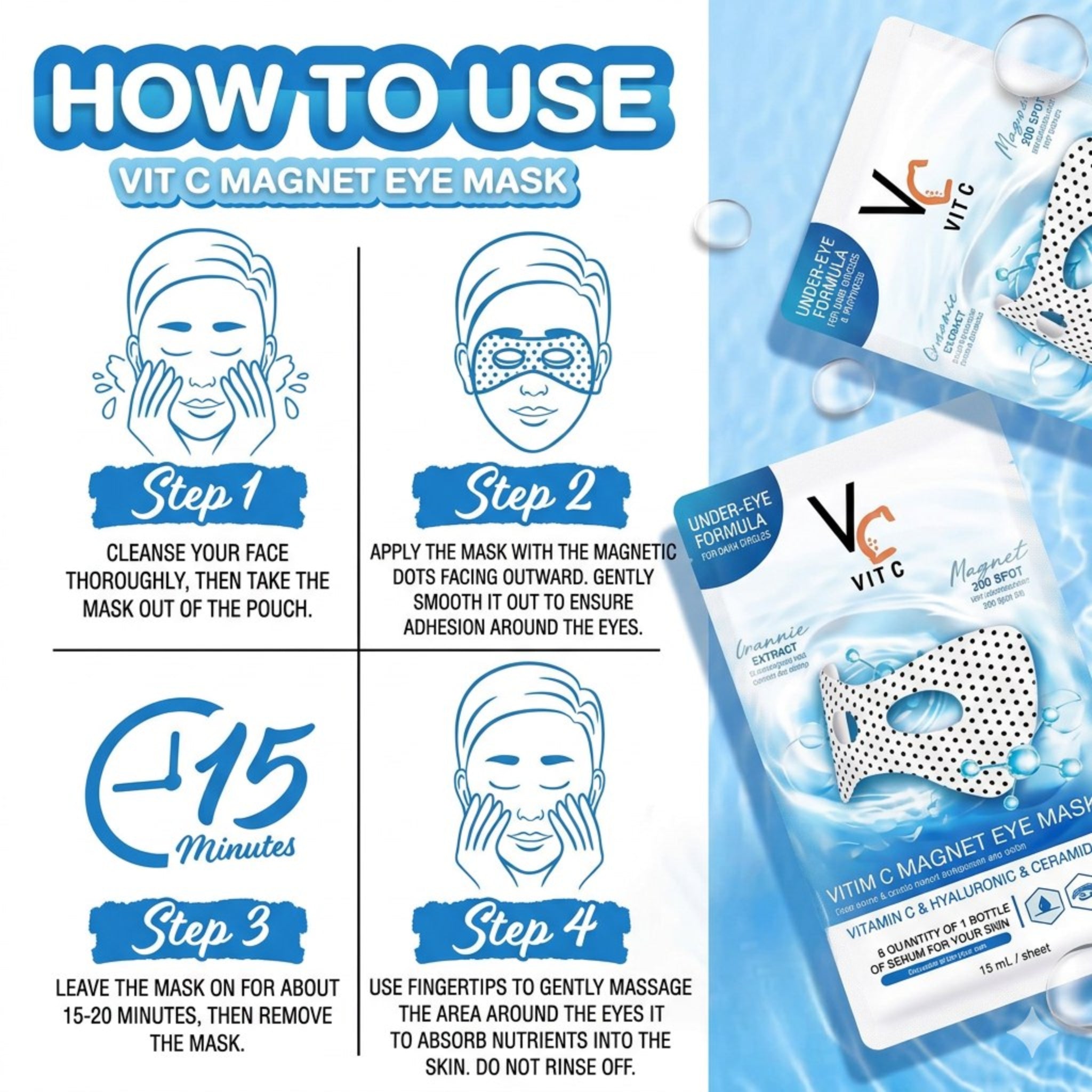 VC Vit C Magnet Eye Mask – step-by-step application instructions with magnetic pattern – Timeless Era Bangladesh