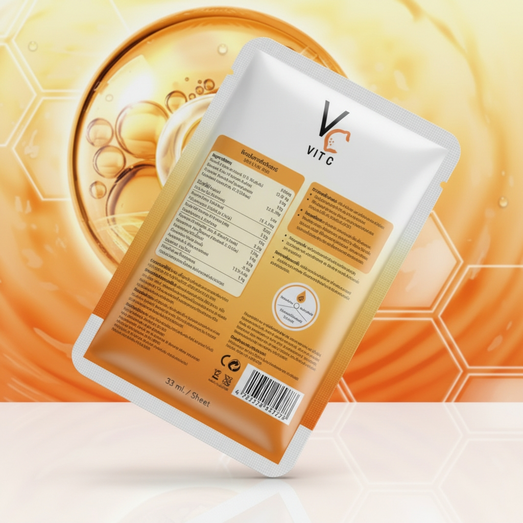 VitC skincare product packaging with a close-up of the label against an orange and yellow gradient background.
