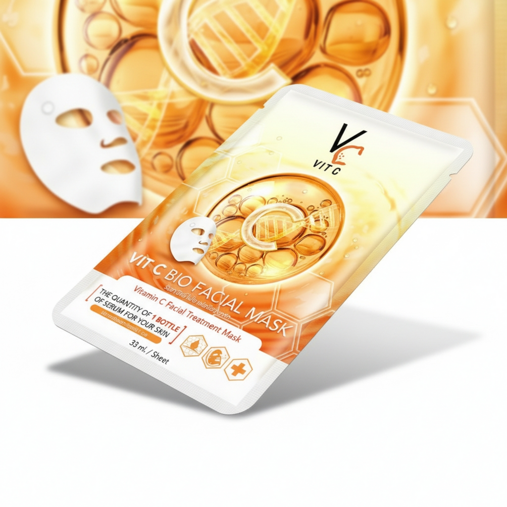 VIT C BIO FACIAL MASK packaging with a white mask on an orange background